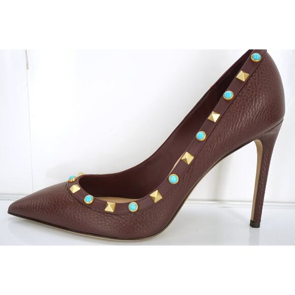 Valentino Brown Leather Rockstud Rolling Pointy Pumps